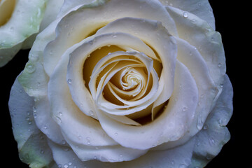Water drops on white rose petals close up