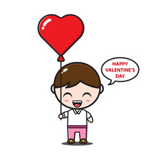 Fototapeta na wymiar boy holding love balloon and saying happy valentine day