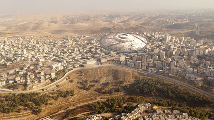 Large Alien spaceship sacuer ufo over refugee Camp, Aerial
, Aerial drone view with visual effect element, invasion sci fi concept, Palestine
