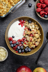 Bowl of homemade granola with yogurt and fresh berries on dark stone concrete background. Cranberry and apple crumble, crisp with almond flakes and oat. Top view.