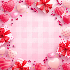 Valentine's Day background with cute gift box,sweet hearts and valentine elements on pink background.Promotion and shopping template or background for Love and Valentine's day concept.
