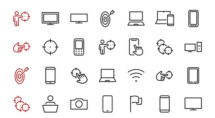 SMART devices and gadgets linear icons set, vector, contains icons computer, camera, laptop, phone, web devices, electronic appliances, and much more. Editable stroke