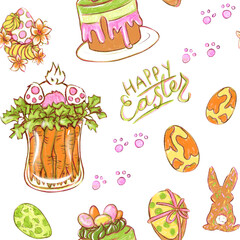 Hand-drawn seamless pattern on Easter holiday theme on a white background. Colorful design with eggs, cute bunnies, pink flowers, green leaves, cakes and cookies