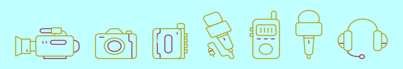 set of press release tools cartoon icon design template with various models. vector illustration isolated on blue background