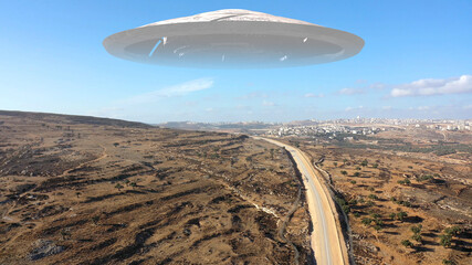 Alien Spaceship ufo Hovering over hills-Aerial view
, Drone view over Jerusalem hills with Large...