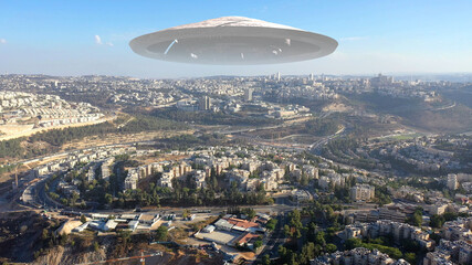 Alien Spaceship ufo Hovering over Jerusalem city-Aerial view
, Drone view over Jerusalem with Large...