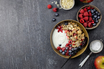 Bowl of homemade granola with yogurt and fresh berries on dark stone concrete background. Cranberry and apple crumble, crisp with almond flakes and oat. Top view. Copy space.