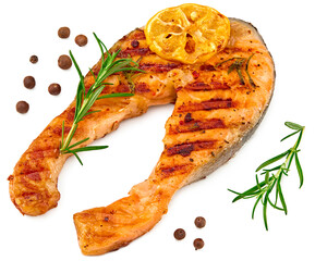 slice of grilled fish, salmon, trout, steak with rosemary on black plate isolated on white background, clipping path