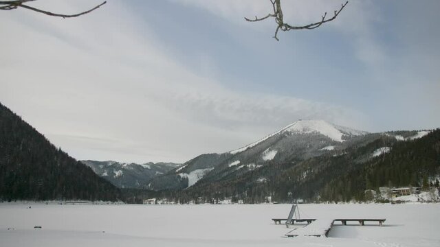 Lake in Austria frozen with snow