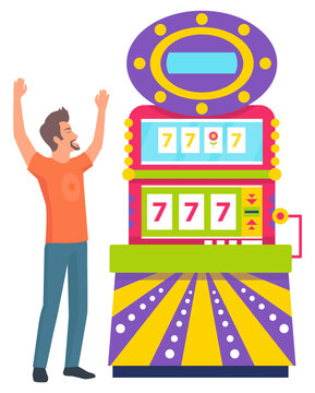 Man playing game machine, winner and jackpot, 777 icons. Happy player character rising hands, colorful gambling computer, entertainment in casino vector