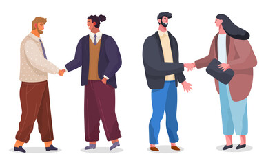 Mutually beneficial negotiation. Managers, co-workers, outsourcing. People in strict suits shake hands. Office staff conclude contracts, successful business meeting. Business partners collaborating