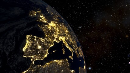 Europe from space, earth lights from space, city lights from space, EU satellite view 3D render