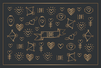 Happy Valentines Day vintage card. Gold hand drawn elements. Vector.