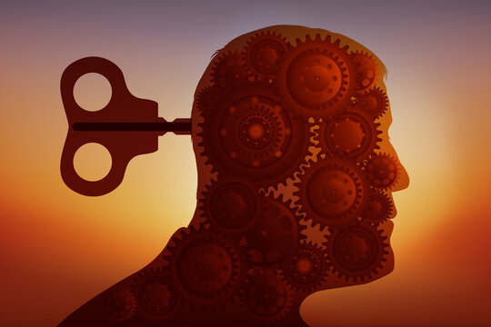 Concept de la manipulation intellectuelle avec une t&ecirc;te d&rsquo;homme dont le cerveau est remplac&eacute; par un syst&egrave;me d&rsquo;engrenages entra&icirc;n&eacute; par une cl&eacute;.