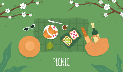 Fototapeta premium Picnic. Summer Spring Picnic green background. Vector