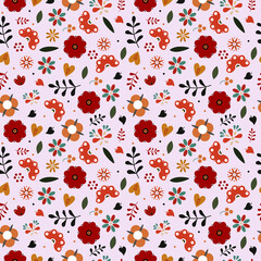 Folk pattern inspired by Russian folk traditional ornament. Vector seamless sturcture on yellow background. For textile, wrapping paper, fabric print, bed linen