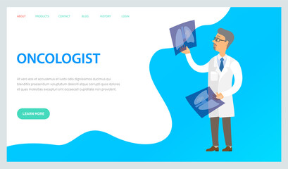 Professional oncologist web banner or landing page. Cancer disease diagnostic and treatment. Doctor examining a lung radiography holding X-ray picture. Man in white coat is looking at a photo