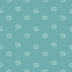 White botanic leaves seamless pattern in hand drawn stylistic. Blue pastel background. Simple design.
