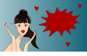 The young girl is shocked, delighted. Nice face, lively eyes, surprised mouth. Bright joyful event, sale, big discounts. Retro vector illustration with place for text.