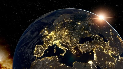 Europe from space, earth lights from space, city lights from space, EU satellite view 3D render