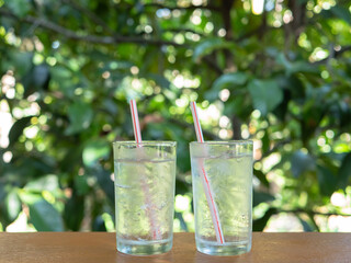 2 glasses of water for a couple in a bush background.