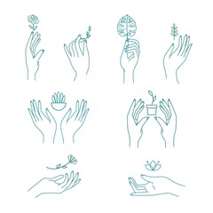 Hands holding leaves and flowers logo set in minimalistic simple linear hand drawn style. Vector emblems with womans hands, rose flower, monstera leaf, plants in pot. Icons for branding, web design