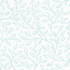 Seamless vector leaves background. Tree branches on white background. Seamless pattern with graphic blue leaves for textile print, page fill, wrapping paper, web design