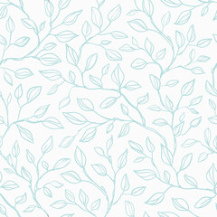 Seamless vector leaves background. Tree branches on white background. Seamless pattern with graphic blue leaves for textile print, page fill, wrapping paper, web design