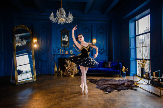 A beautiful graceful ballerina girl in a dark blue dress is dancing in pointe shoes. Chic Interiors, Theater