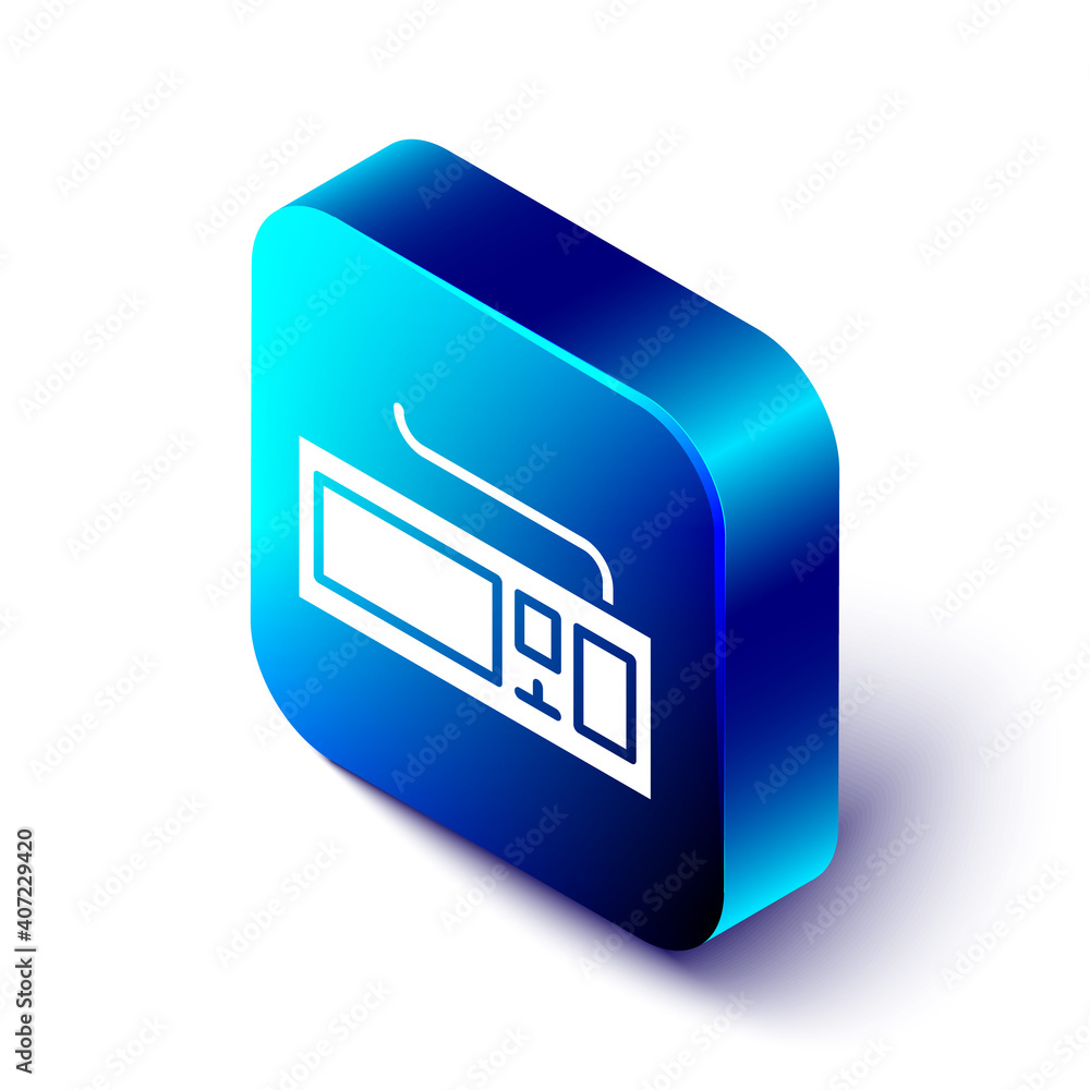Poster Isometric Computer keyboard icon isolated on white background. PC component sign. Blue square button. Vector Illustration.