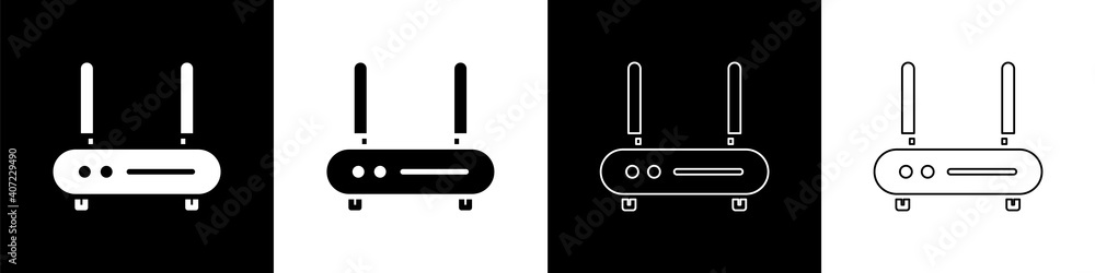 Poster set router and wi-fi signal icon isolated on black and white background. wireless ethernet modem rou