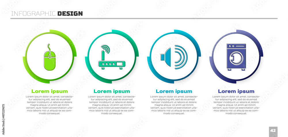 Poster set computer mouse, router and wi-fi signal, speaker volume and washer. business infographic templat