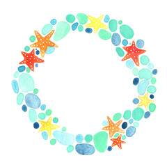 Starfish and bubble water wreath watercolor for decoration on summer holiday events.