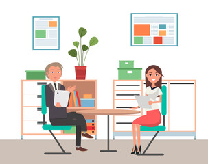 Business man and woman sit at the table, work together, interviews, negotiations, colleagues at the meeting. Smiling partners wearing formally discuss cooperation, manager made a good deal with client
