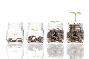 Increasing growth coins money inside transparent piggy saving jar with plant ,investment profit and...