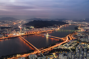 Evening aerial view of the Han River, Seoul, South Korea