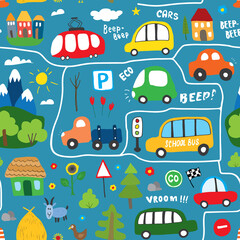 Cute Cars Seamless Pattern, Cartoon transportation Doodles Background, vector Illustration