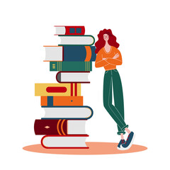 Caasual weared young woman with eyeglasses leans on stuck of different colored books. Character vector illustration. Sutable for reading marathons, book stores, libraries.