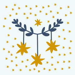 Fashion baby poster. Illustration of Flowers on a starry background. Postcard Flowers, Garland of stars. Poster and fashionable children's clothing. . Vector illustration