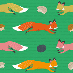 MYOW make your own world - lovely pattern - cute animals fox and hedgehog play chasing each other on a colorful green background in a vector pattern