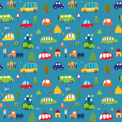 Cute Cars Seamless Pattern, Cartoon transportation Doodles Background, vector Illustration