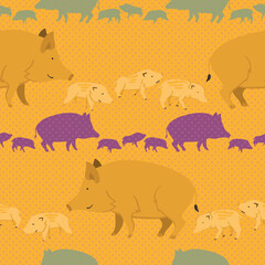 MYOW make your own world - lovely pattern - cute animals happy family of wild boars walks happy on a colorful background in a vector pattern