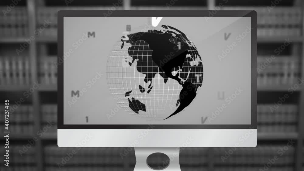 Poster multiple changing numbers, alphabets and spinning globe on computer screen against library