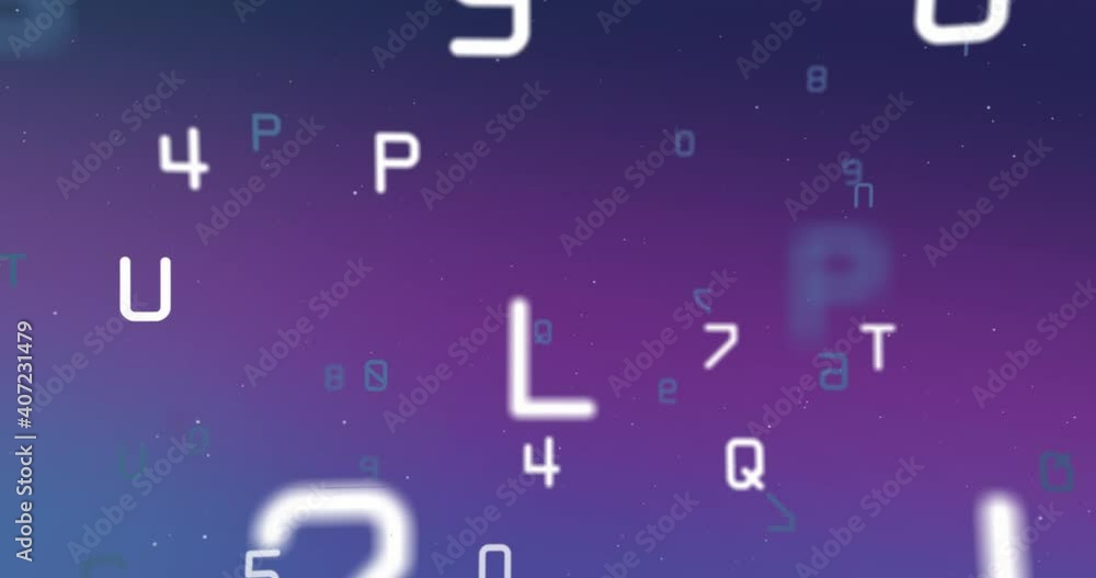 Poster changing numbers and alphabets floating against blue and purple gradient background