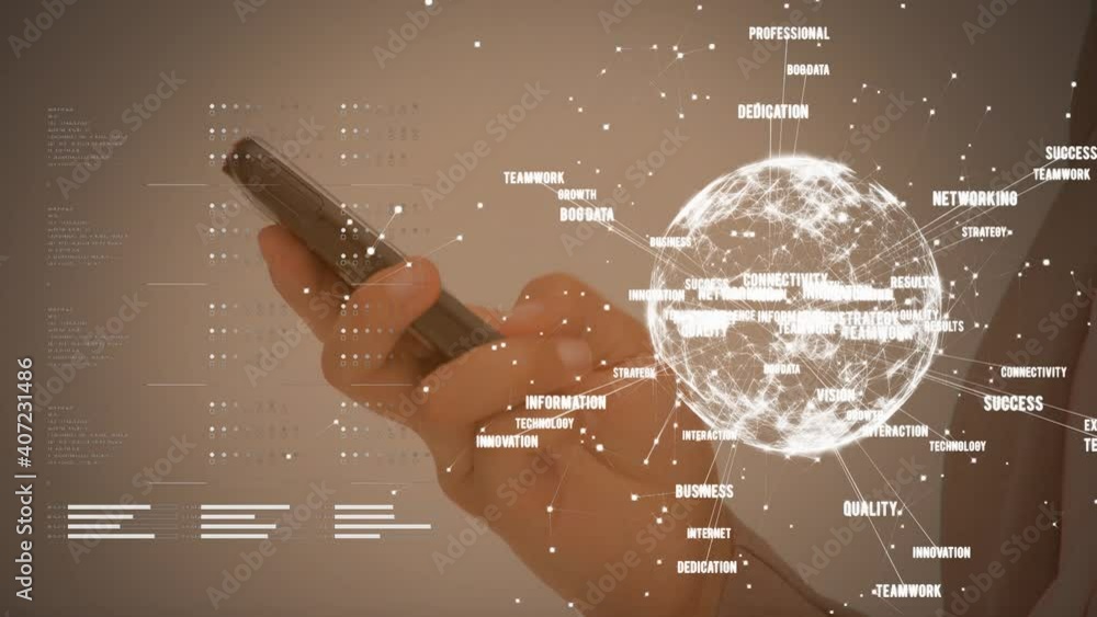 Poster animation of globe of network of connections with business text over woman using smartphone