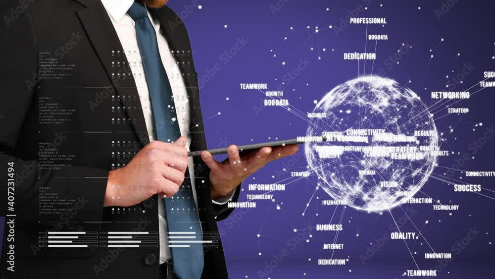 Poster animation of globe of network of connections with business text over man using tablet