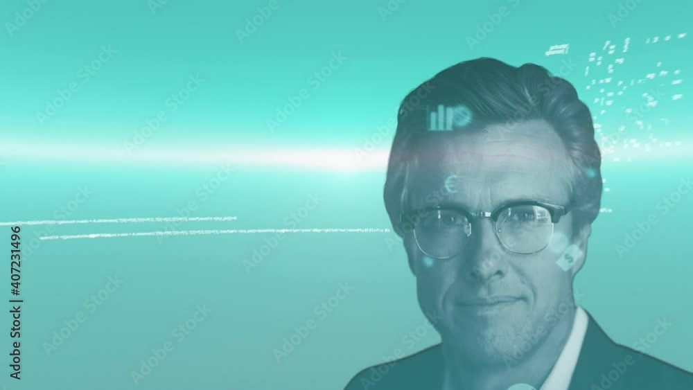 Poster animation of portrait of smiling man over data processing on green background