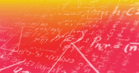 Mathematical diagrams and equations moving against orange and yellow gradient background - Powered by Adobe