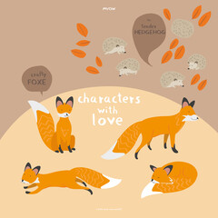 MYOW make your own world - lovely characters - cute animals crafty fox and tender hedgehog on colorful background in a vector illustration