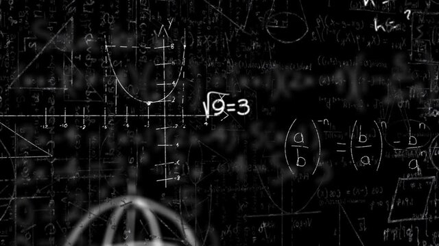 Mathematical diagrams and symbols floating against mathematical equations on black background